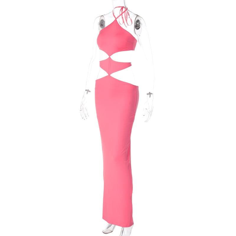 Halter self tie hollow out backless slit maxi dress