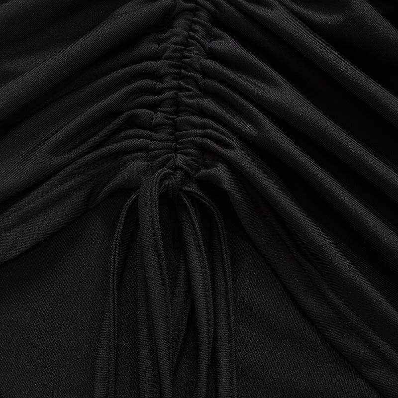 Ruched drawstring irregular solid one shoulder hollow out mini dress