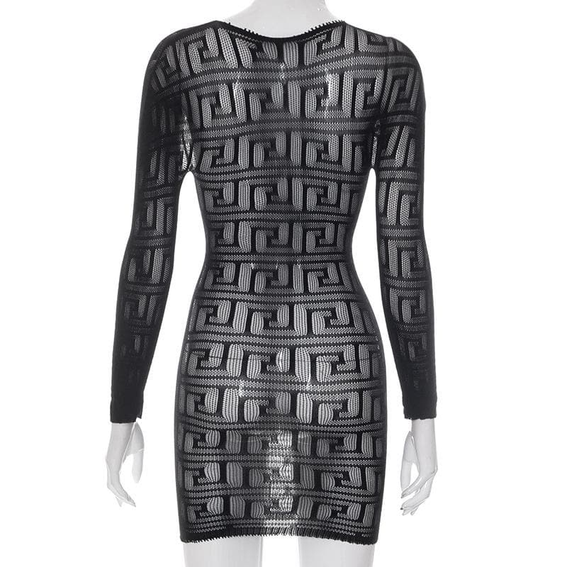 Fishnet see through long sleeve hollow out mini dress