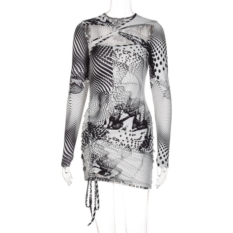 Long sleeve cross front print ruched drawstring dress