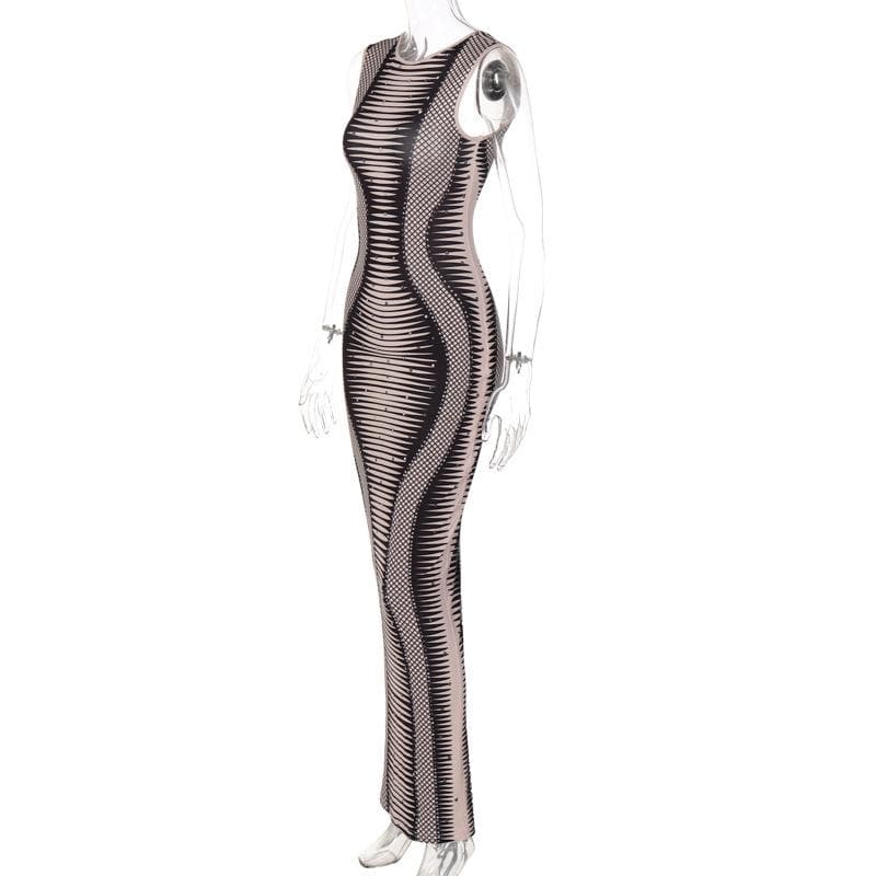 Round neck open back print sleeveless maxi dress