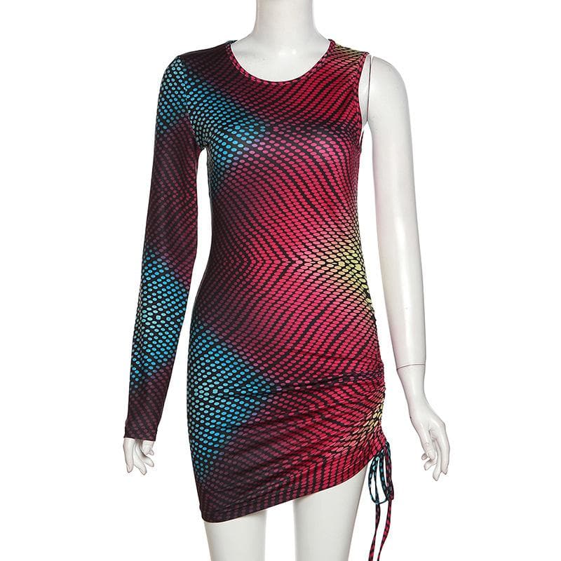Polka dot contrast one shoulder drawstring irregular mini dress