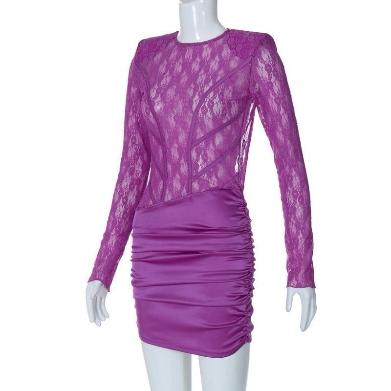 Lace see through satin ruched hollow out long sleeve mini dress