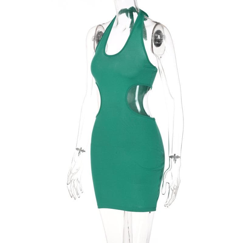 Sleeveless solid v neck halter self tie backless hollow out mini dress
