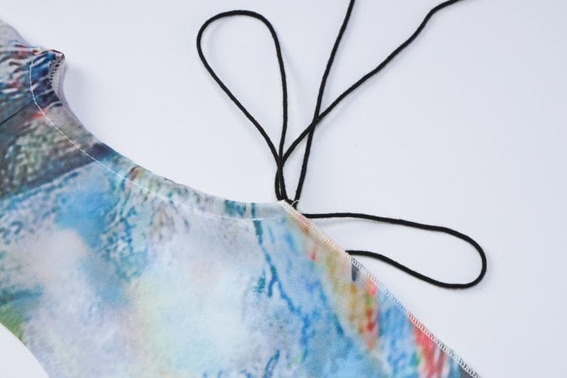 Lace up contrast flared sleeve self tie tie dye mini dress