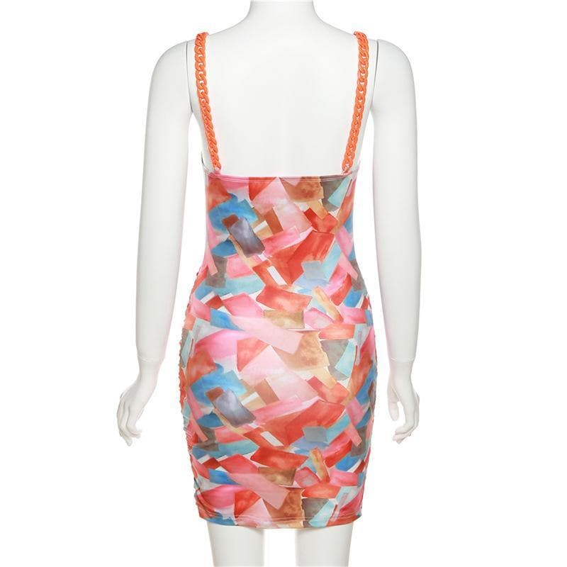 Chain strap ruched print bodycon dress