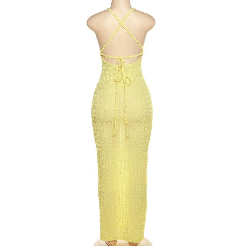 Cross back self tie backless u neck textured solid maxi dress