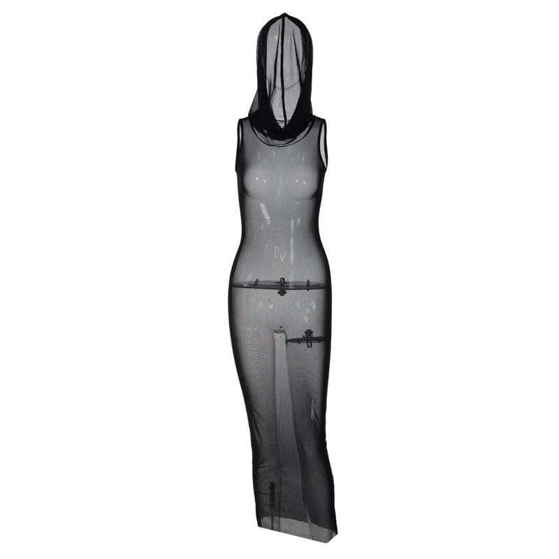 PRE ORDER - Sheer mesh see through hoodie sleeveless maxi dress