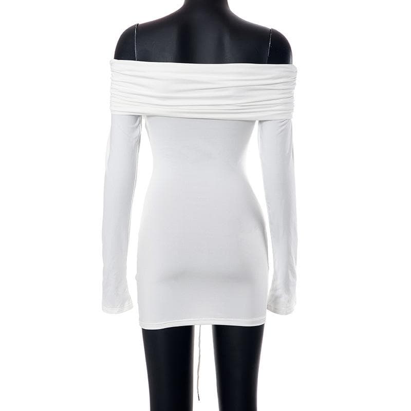 Lace up long sleeve off shoulder ruched solid mini dress