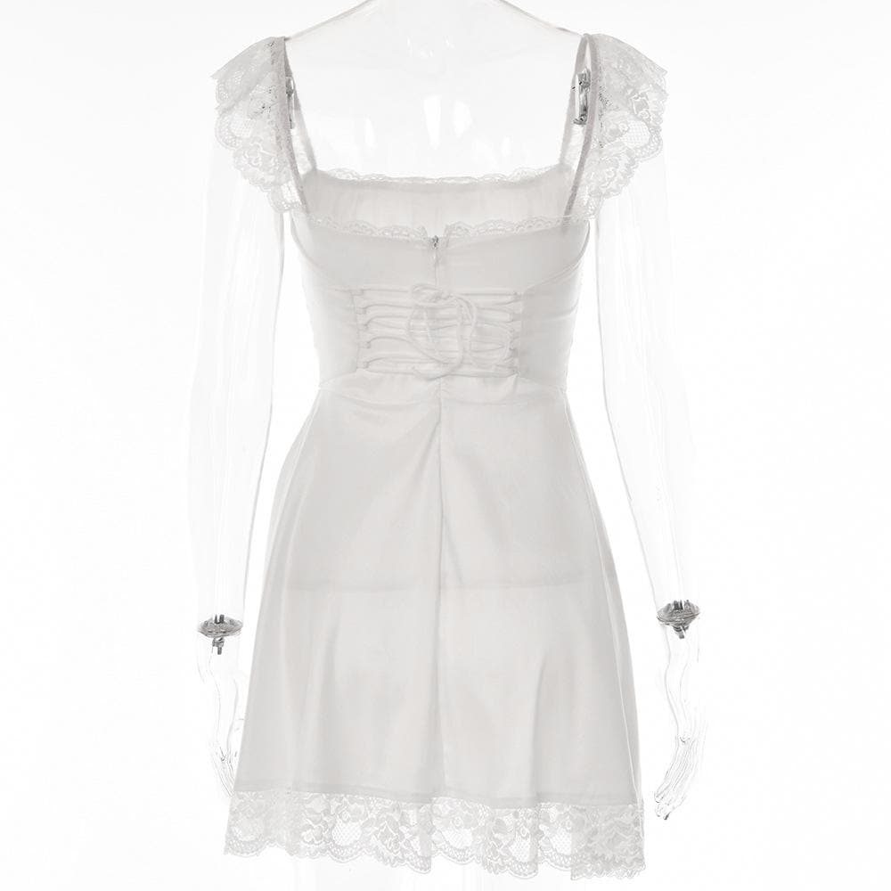 Lace hem solid cap sleeve zip-up ruched lace up mini dress