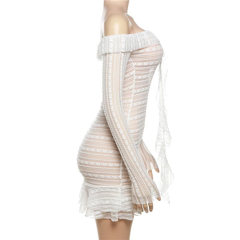 Lace see through off shoulder ruffle long sleeve solid mini dress