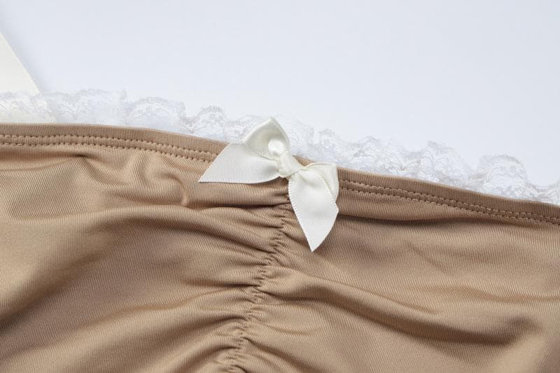 Ruched lace hem self tie square neck backless mini dress