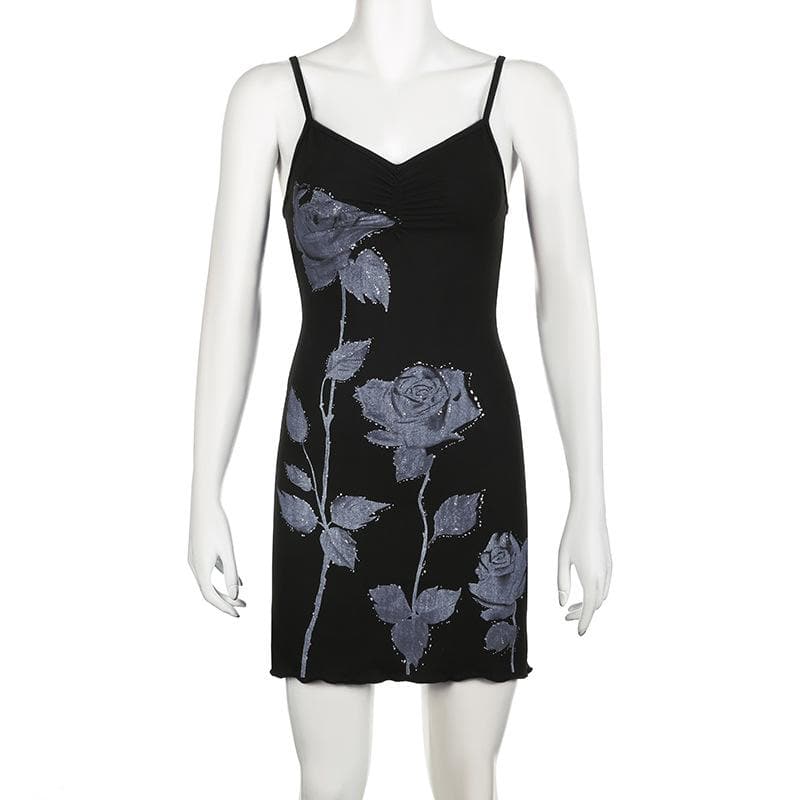 Rose pattern contrast v neck backless cami mini dress