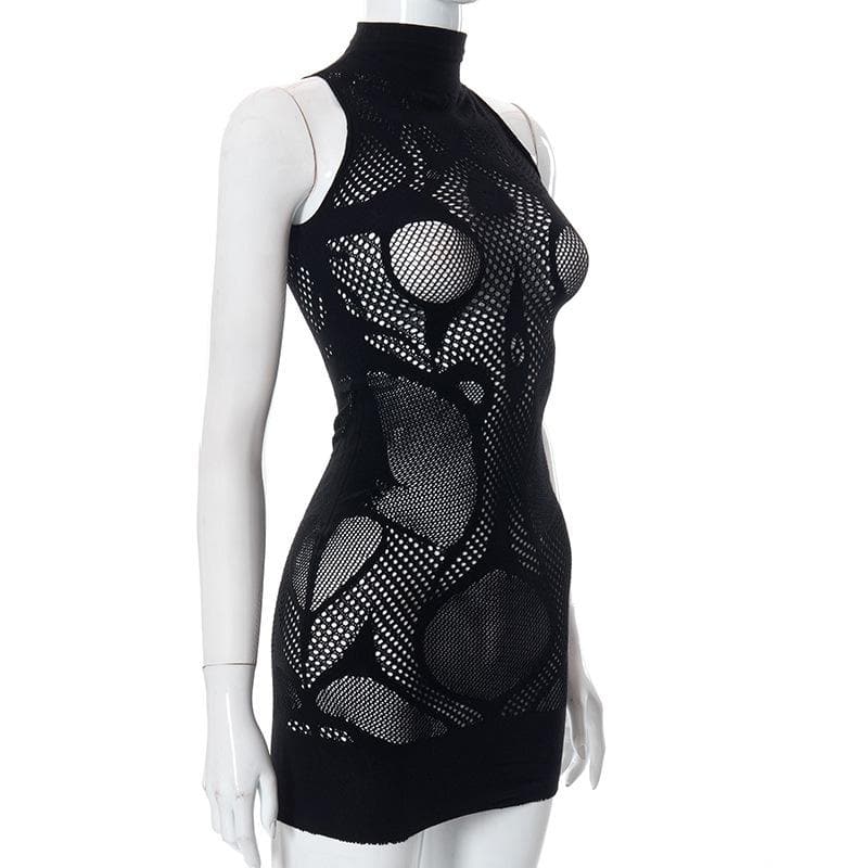 Fishnet sleeveless hollow out high neck see through mini dress