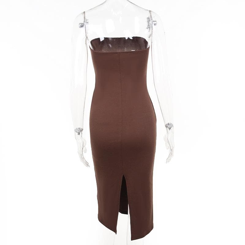 Solid beaded slit backless tube midi dress