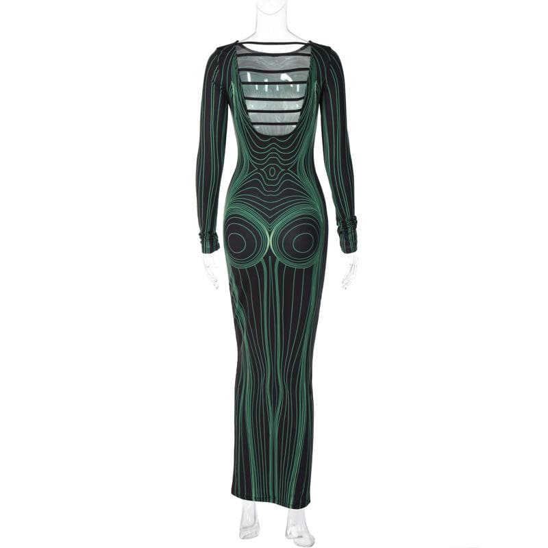 Long sleeve round neck contrast abstract body print maxi dress