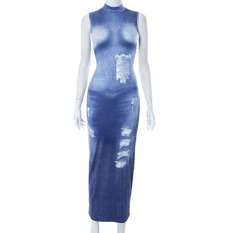 Denim print sleeveless contrast high neck maxi dress