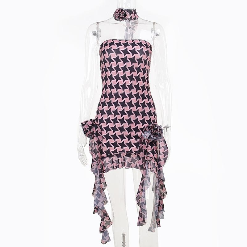 Contrast print flower applique ruched tube midi dress