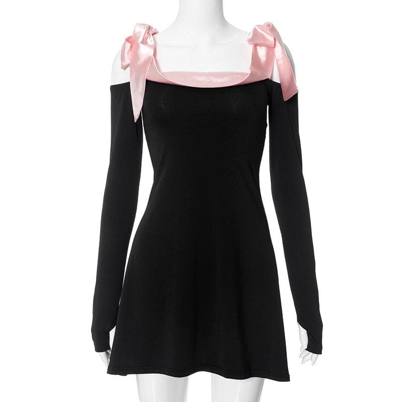 Bowknot contrast gloves long sleeve 3-way off shoulder mini dress