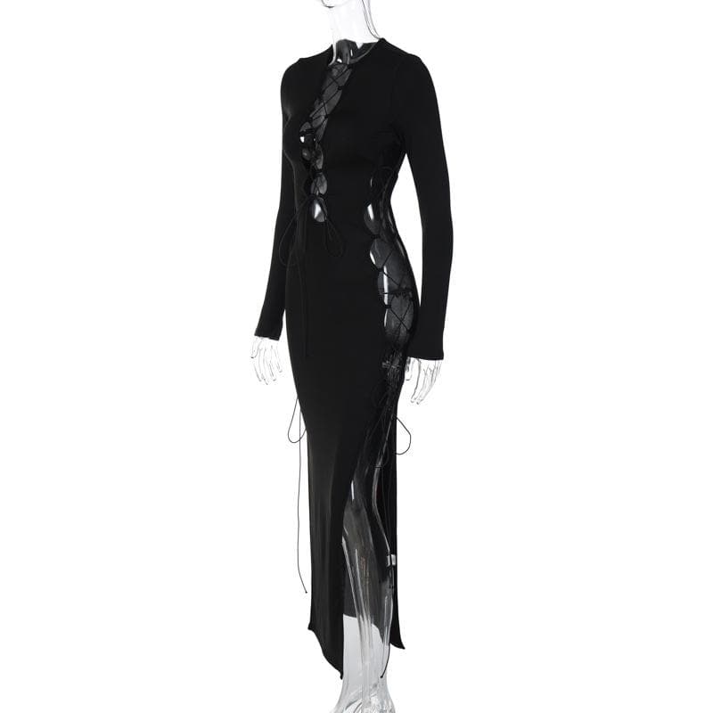 Long sleeve solid hollow out slit self tie lace up midi dress