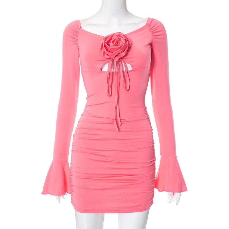 Flower applique hollow out ruched long flared sleeve mini dress