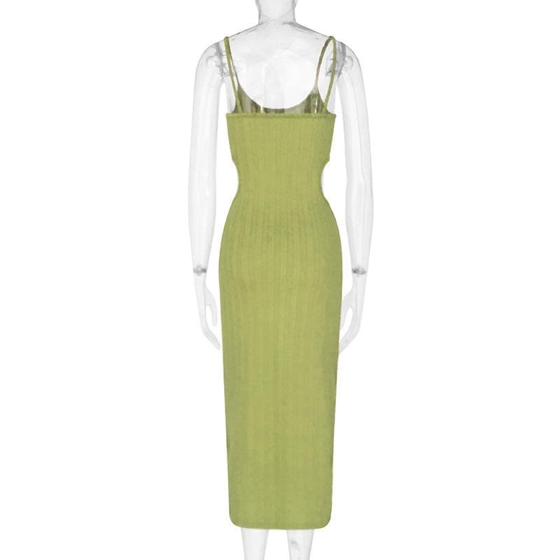 Hollow out textured solid backless cami midi dress