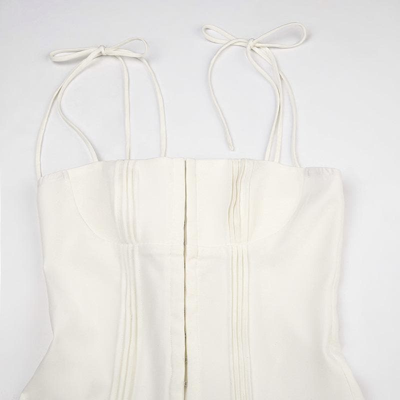 Pleated solid corset button self tie zip-up mini dress