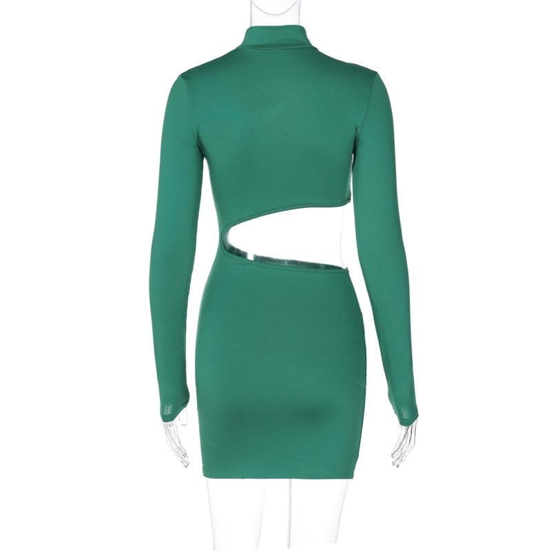 Long sleeve high neck hollow out irregular solid mini dress