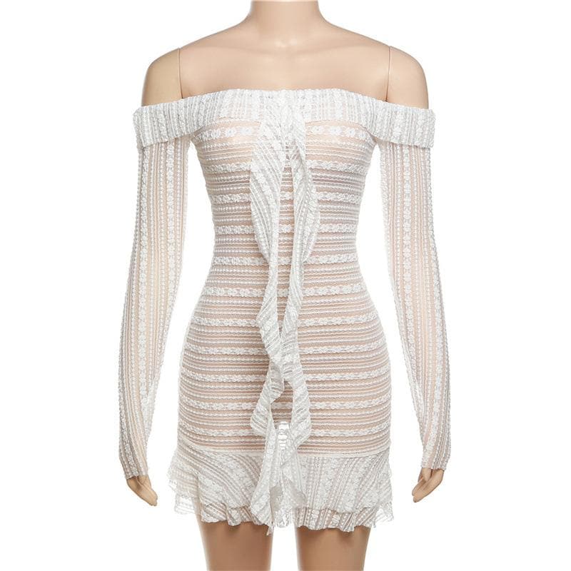 Lace see through off shoulder ruffle long sleeve solid mini dress