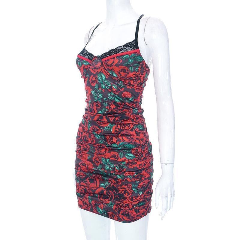 Flower print contrast lace hem cross back ruched mini dress
