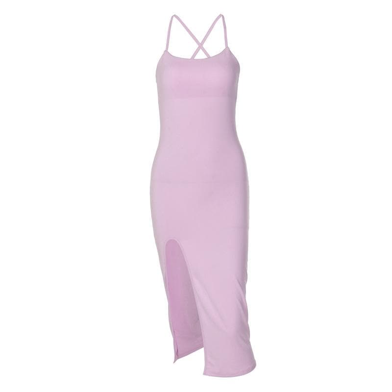 Cross back solid slit backless sleeveless midi dress