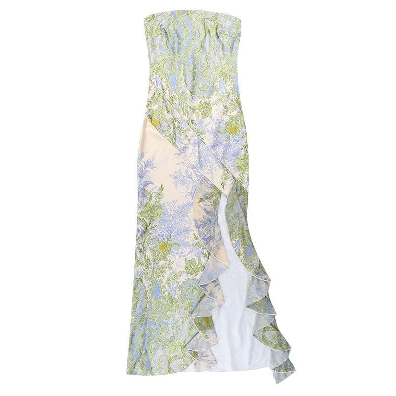 Flower print slit irregular contrast backless maxi dress