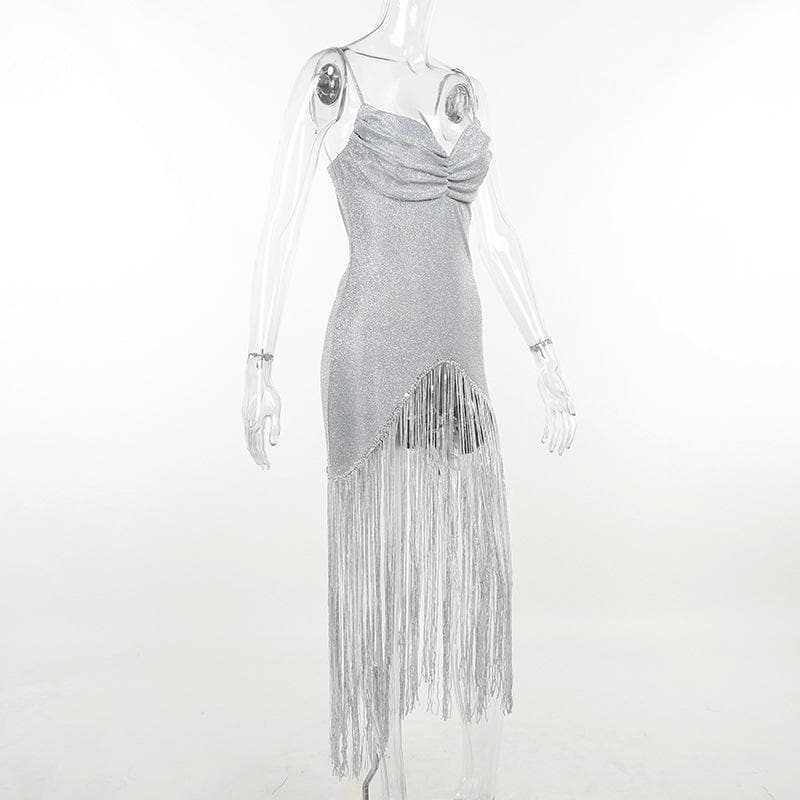 Solid ruched textured glitter tassels backless mini dress