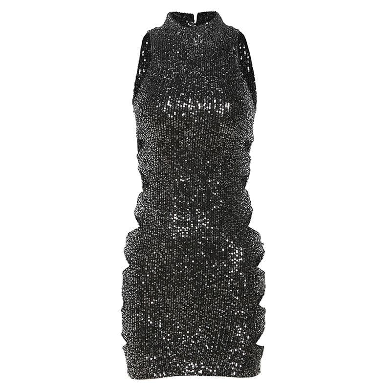 Glitter hollow out high neck button sleeveless mini dress