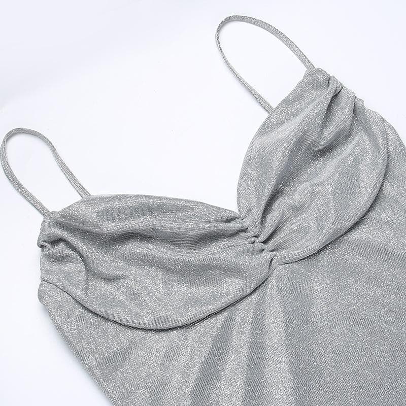 Solid ruched textured glitter tassels backless mini dress
