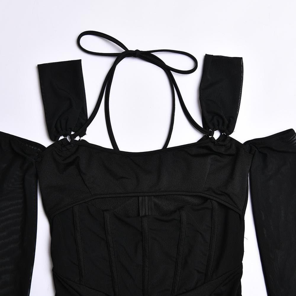 Gloves mesh corset off shoulder hollow out long sleeve halter mini dress