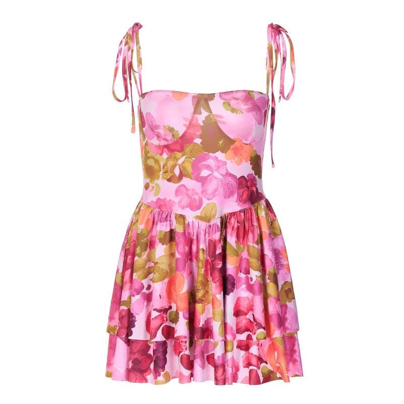 Flower print self tie square neck contrast ruffle mini dress