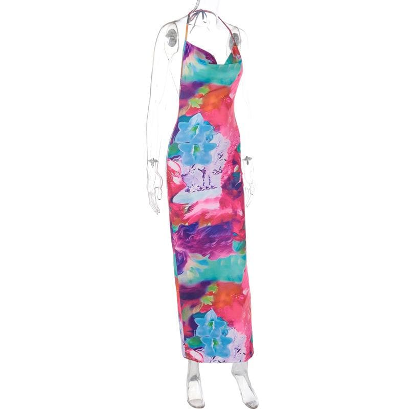 Cowl neck halter backless ruched flower print maxi dress