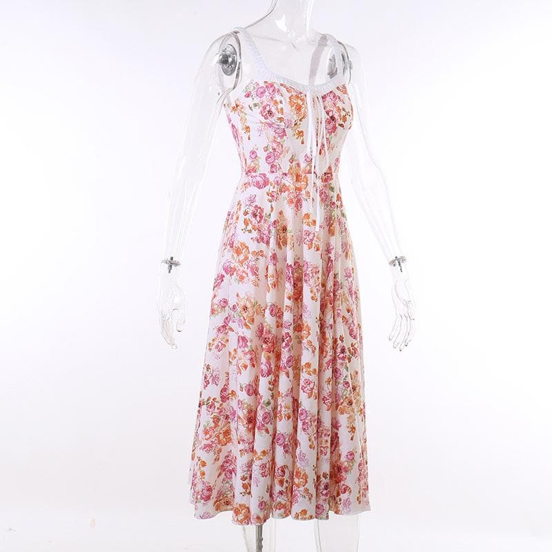 Flower print ruched self tie sleeveless contrast slit zip-up midi dress
