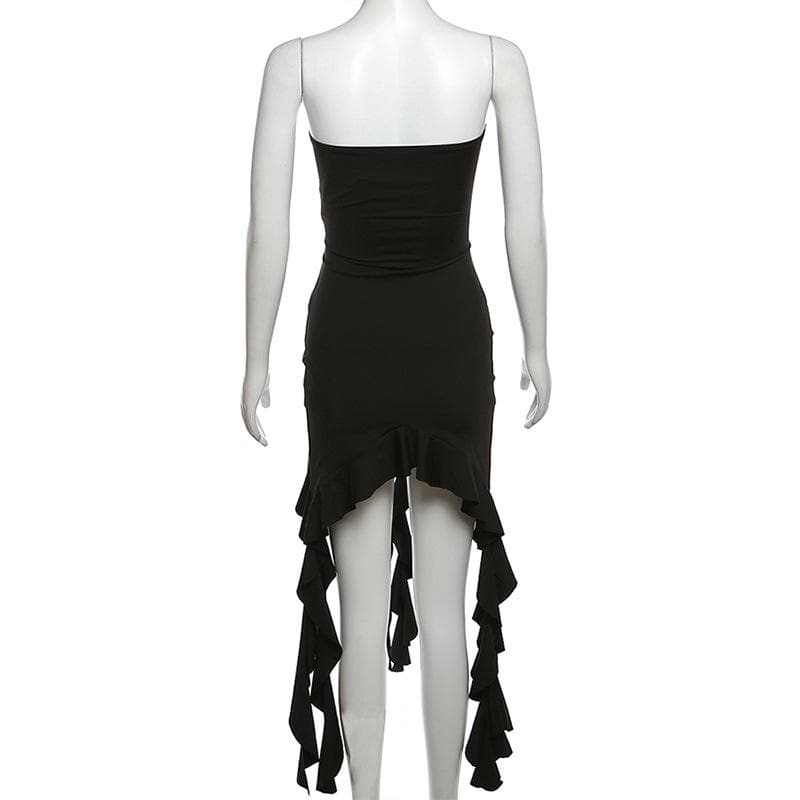 Lace up solid ruffle backless irregular tube mini dress