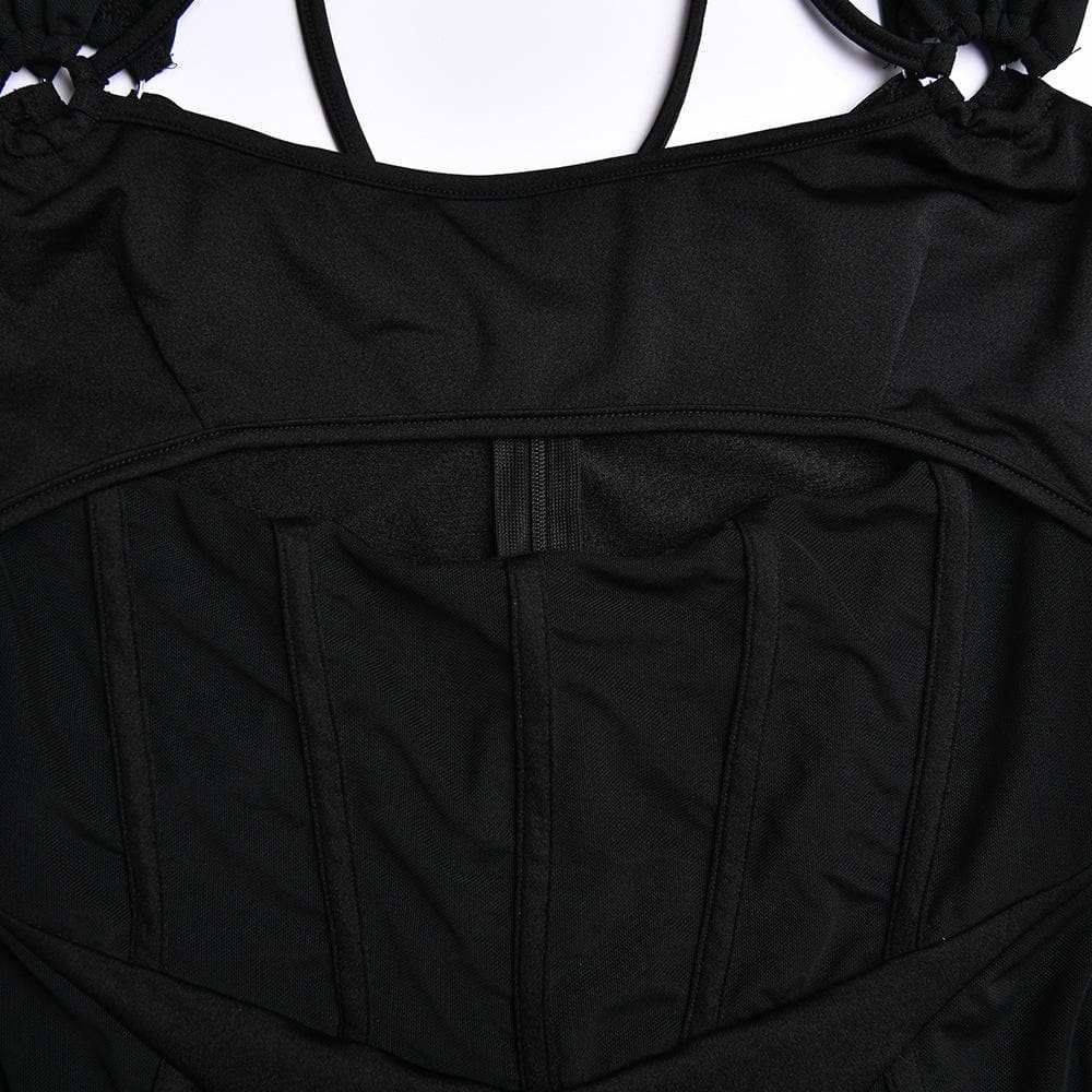 Gloves mesh corset off shoulder hollow out long sleeve halter mini dress
