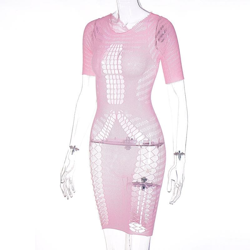 Fishnet hollow out lace up short sleeve solid mini dress