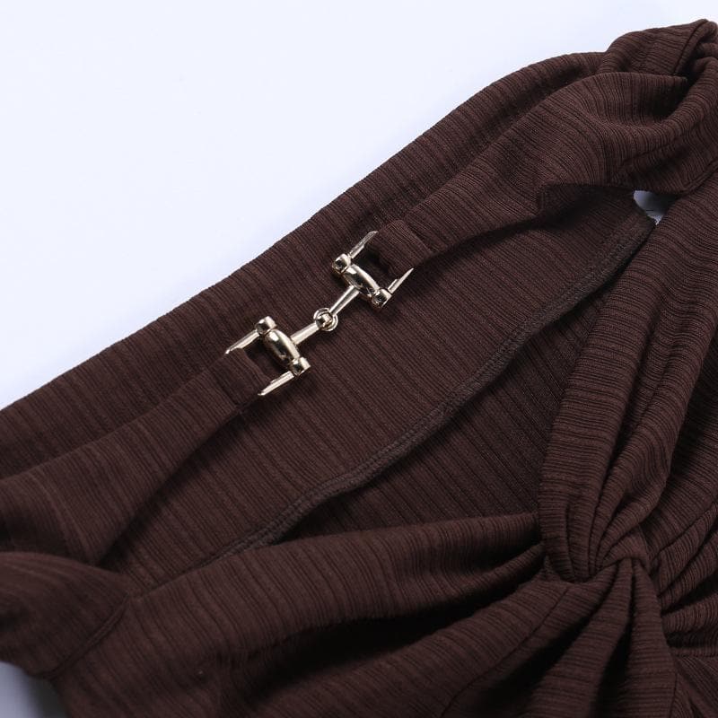 Textured off shoulder metal chain knotted mini dress