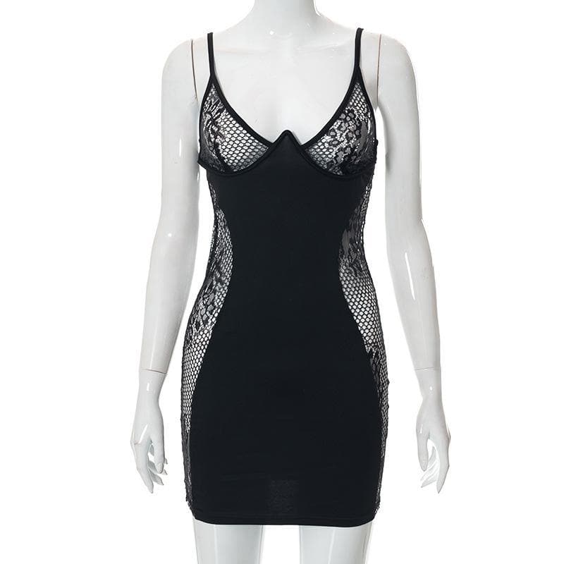 Lace see through patchwork mini dress