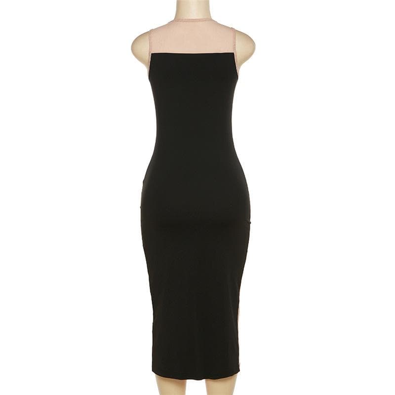 Sleeveless mesh contrast round neck midi dress