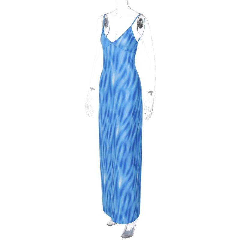 Contrast print v neck backless cami maxi dress