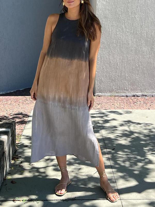 Melanie Minimalist Sleeveless Cotton and Linen Long Dress with Slit and Gradient Tie Dye Boutique Collection