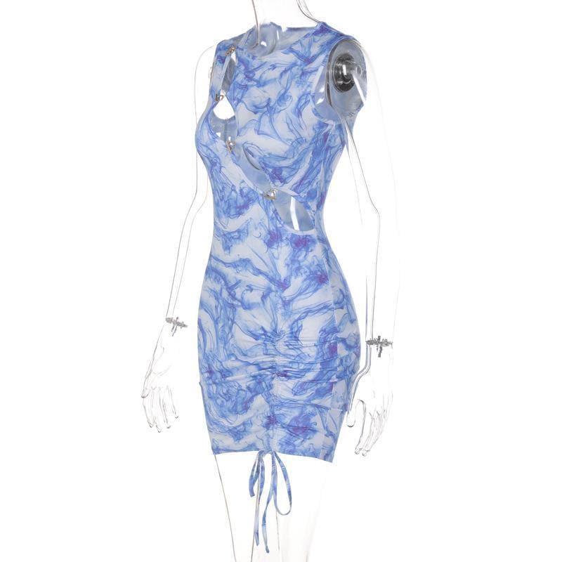 Sleeveless crewneck hollow out drawstring mini dress