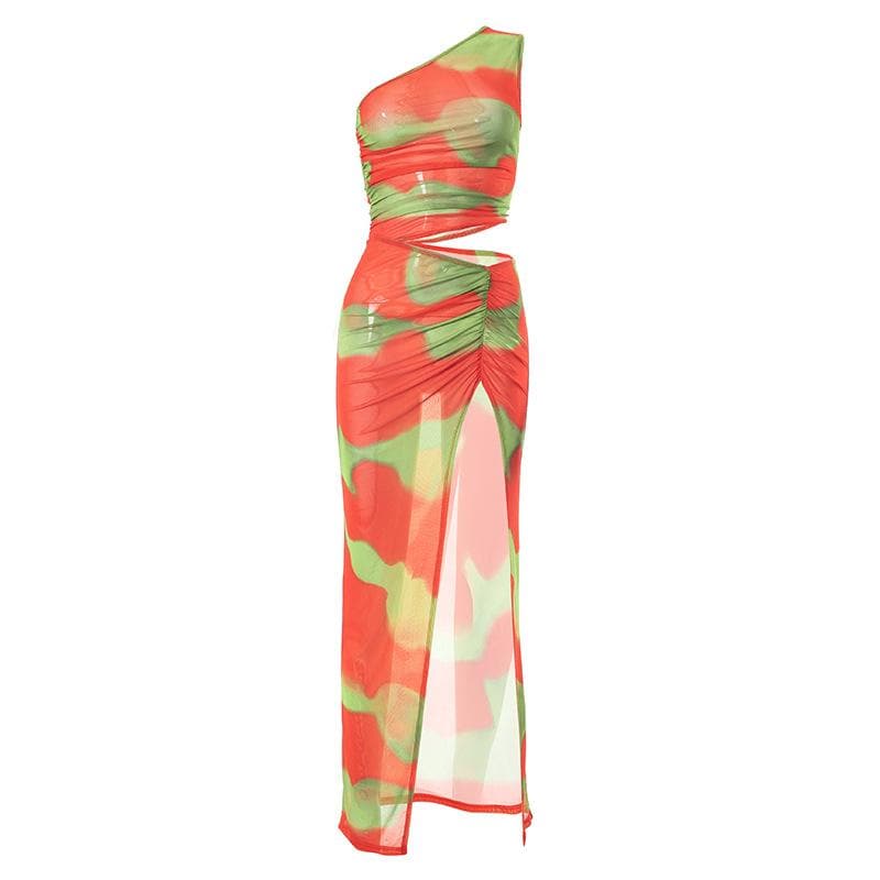 Irregular ruched slit sheer mesh see through tie dye one shoulder maxi dress
