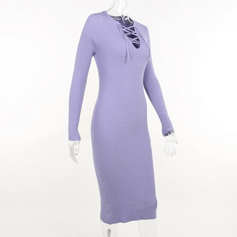Lace up solid ribbed long sleeve notch neck mini dress